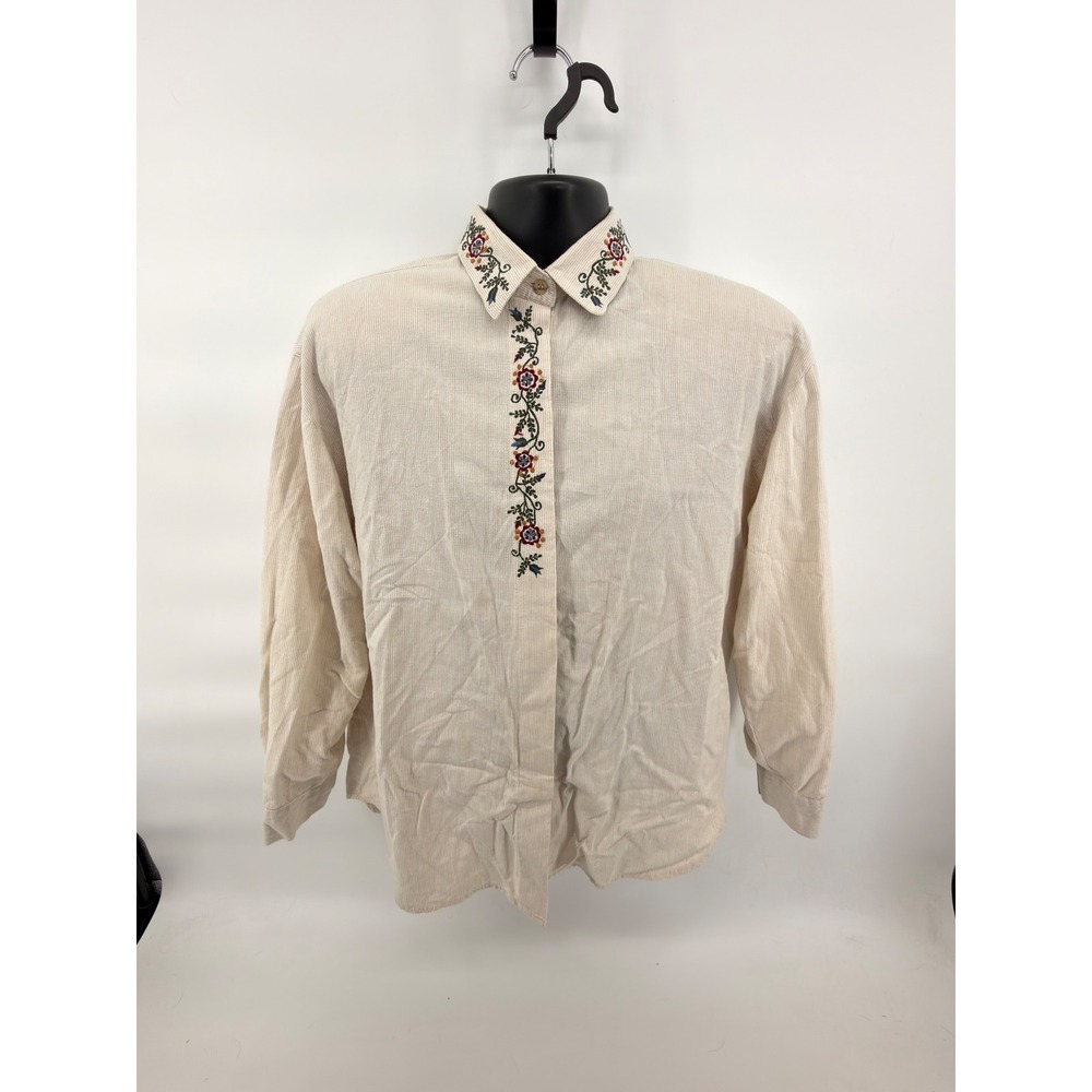 Maggie & Max Corduroy Shirt Large Cream Floral Embroidered Collar‎ Cottagecore L